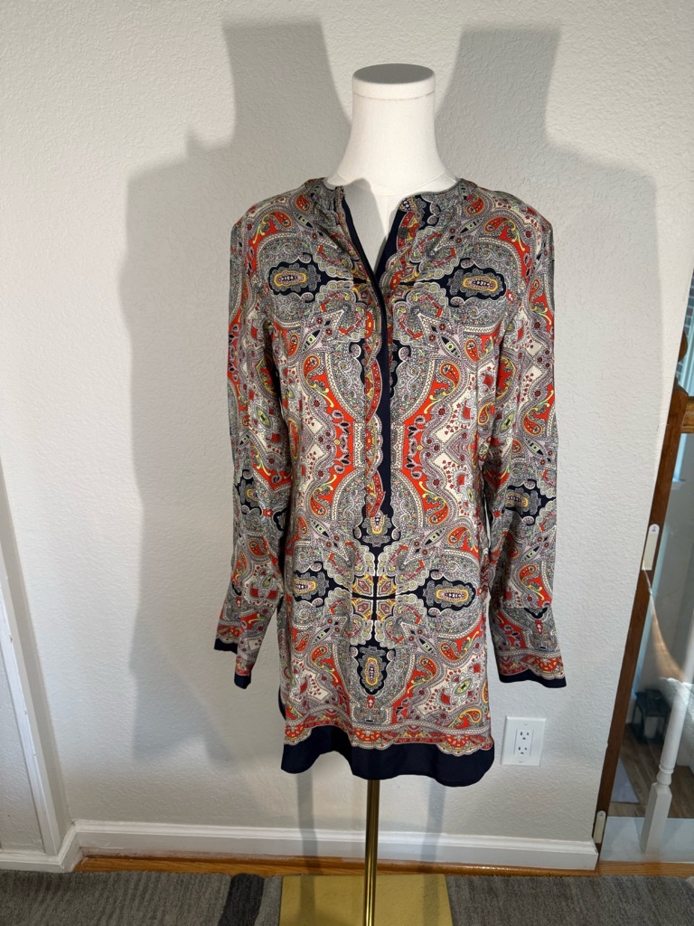 Theory Paisley Print Blouse — Navy, Red & Cream